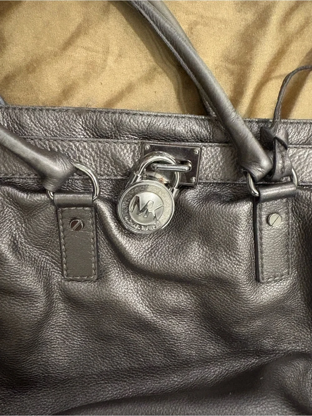 Michael Kors Metallic Charcoal Hamilton Leather Shoulder Bag with Chain Accents